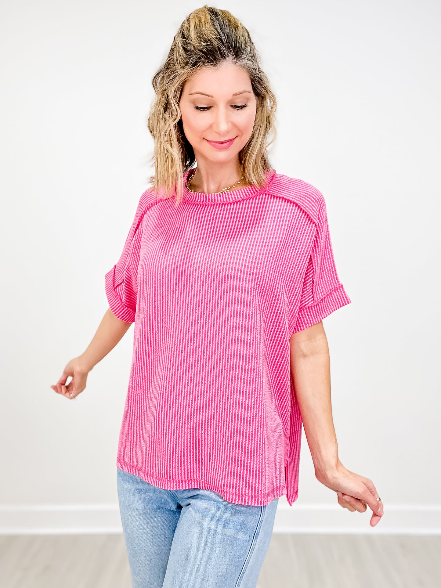 Corded Ribbed Short Cuff Sleeve Raw Edge Top