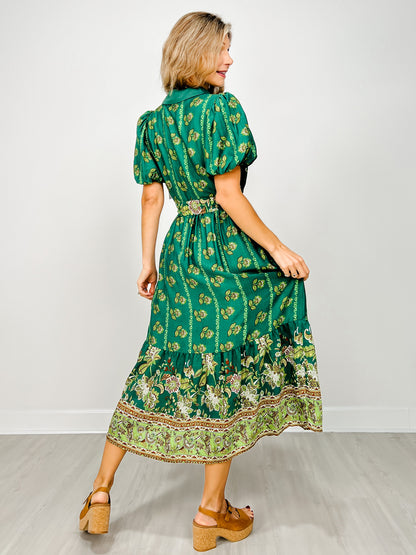 Botanical Print Short Puff Sleeve Midi Dress