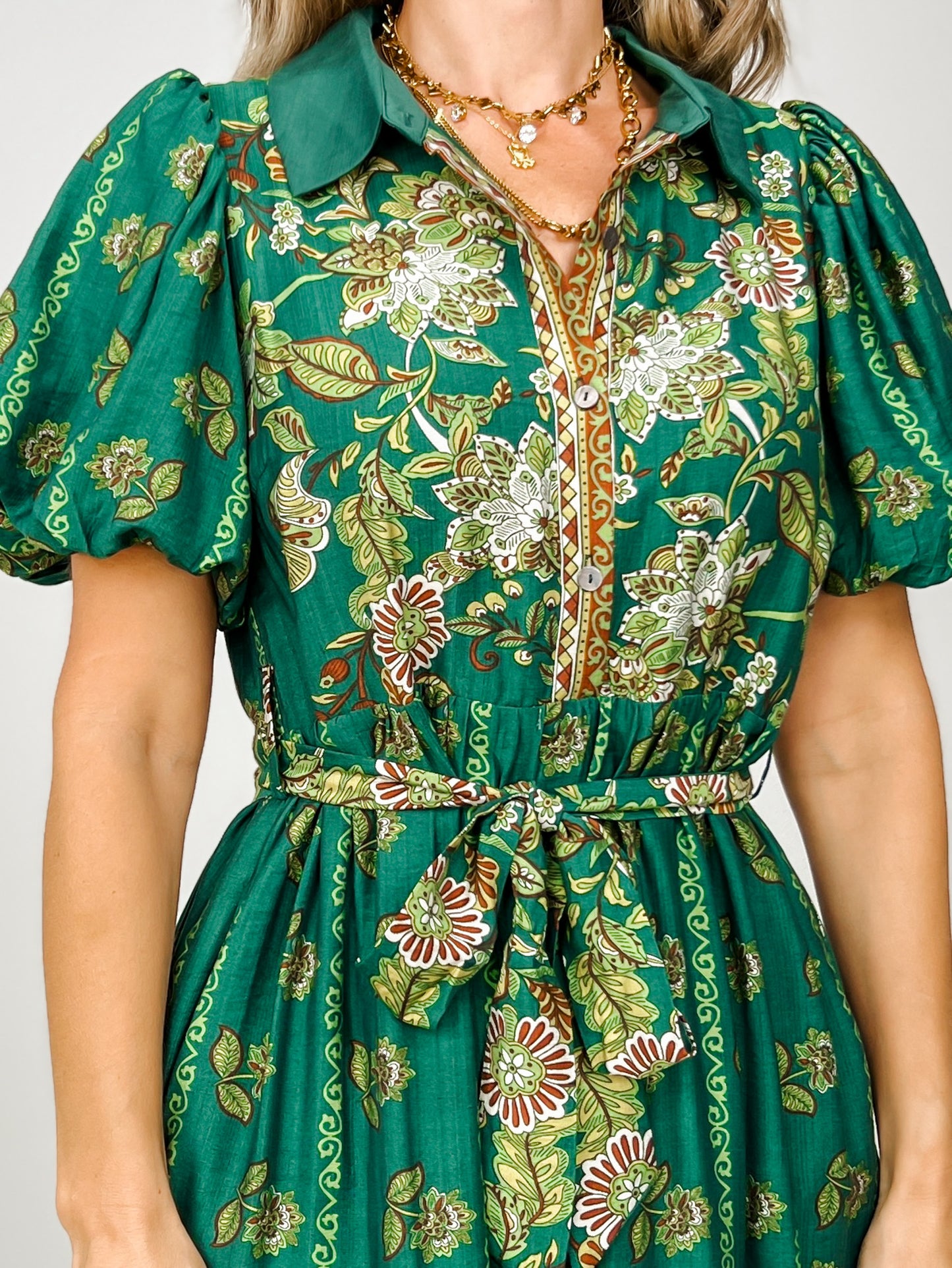Botanical Print Short Puff Sleeve Midi Dress