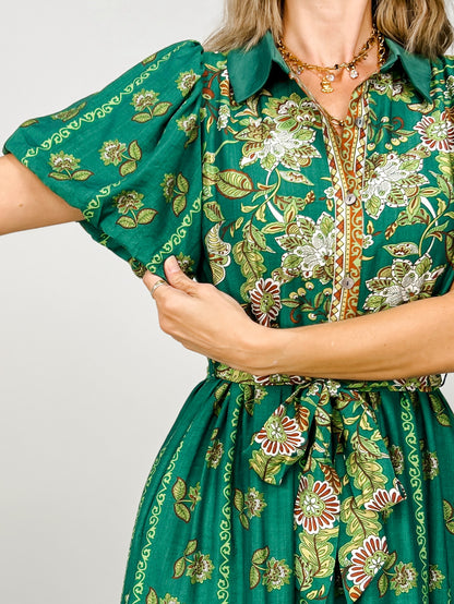 Botanical Print Short Puff Sleeve Midi Dress