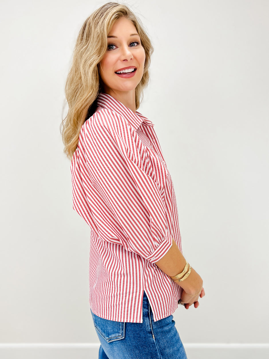 Striped Puff Sleeve Button Down Blouse