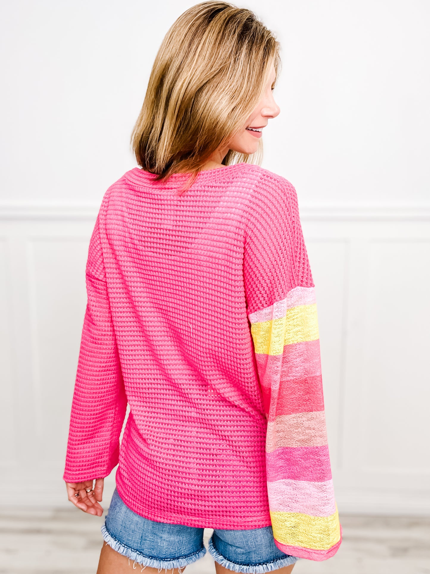 Colorful Crunch Popcorn Waffle Knit Block Top