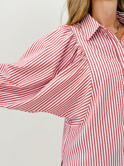 Striped Puff Sleeve Button Down Blouse