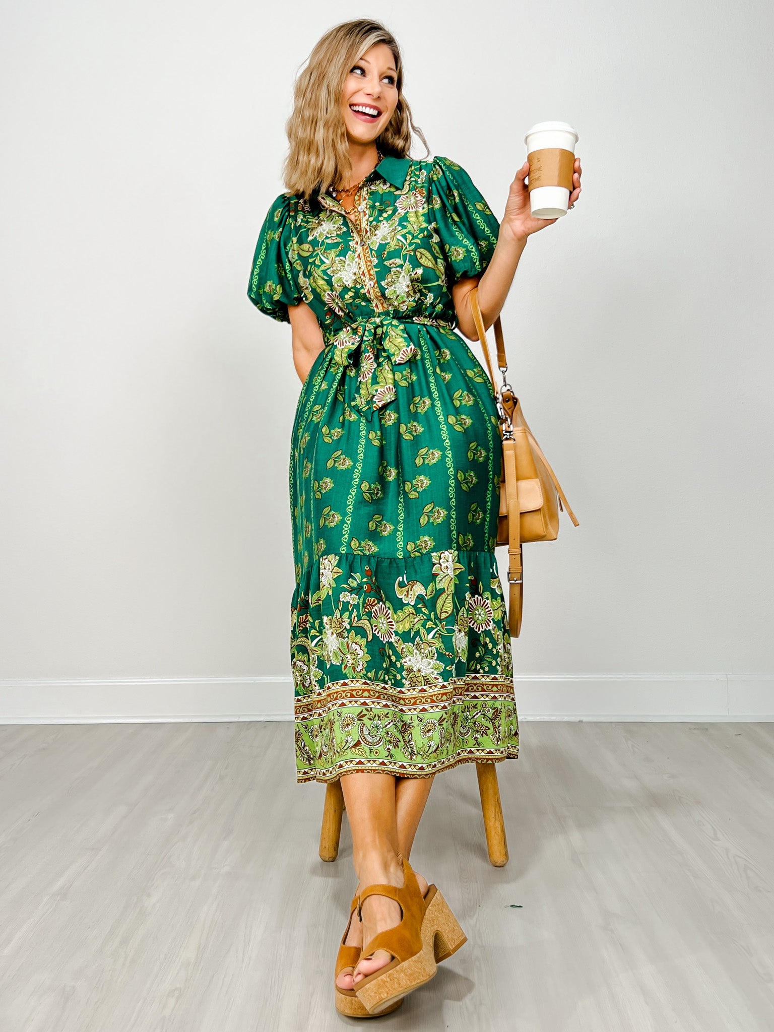 Botanical Print Short Puff Sleeve Midi Dress