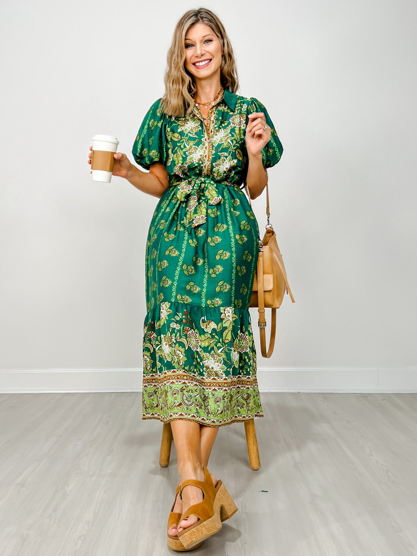 Botanical Print Short Puff Sleeve Midi Dress