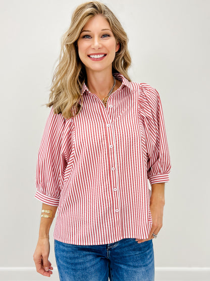 Striped Puff Sleeve Button Down Blouse