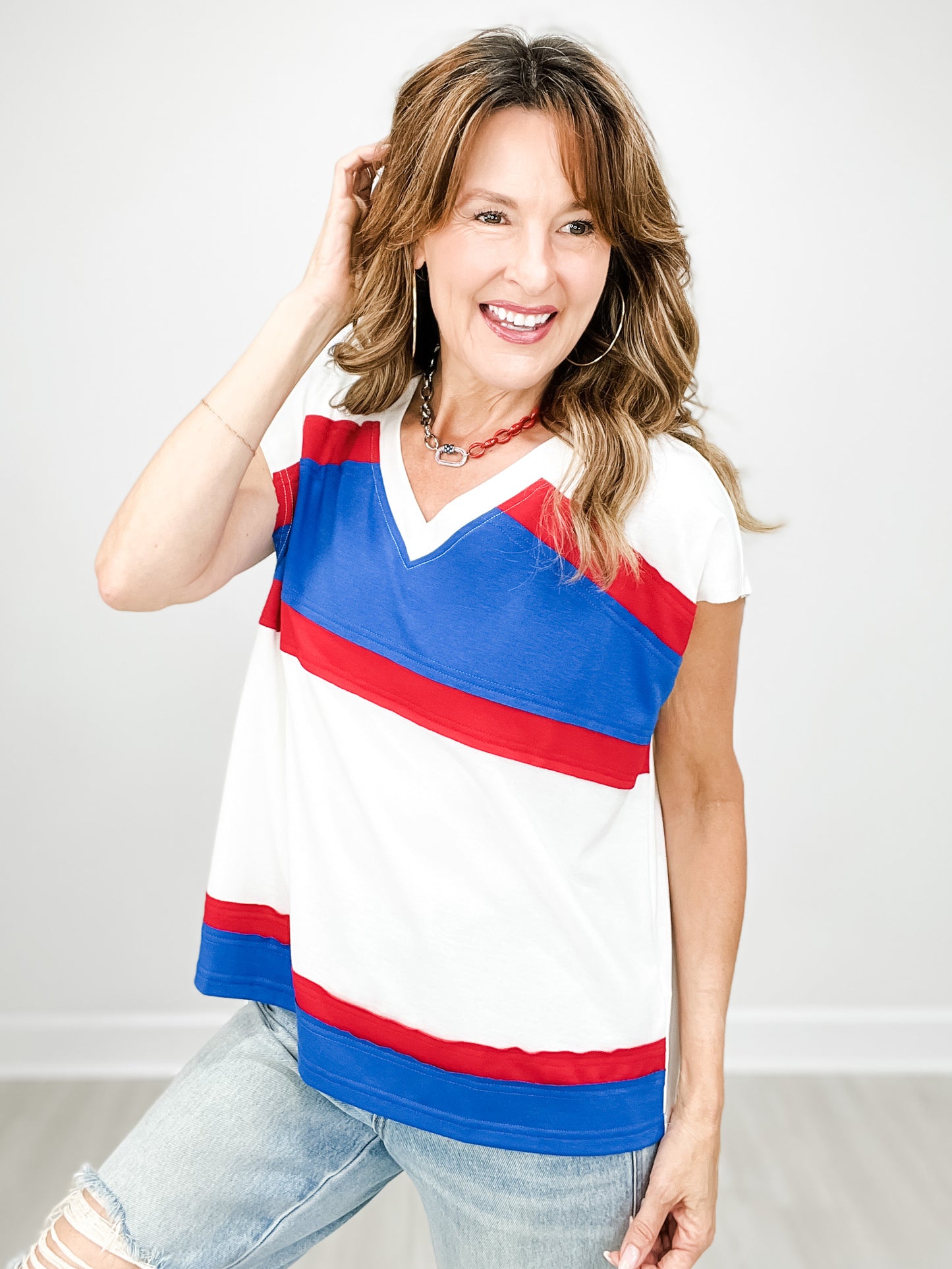 French Terry Color Block Cut Edge Detail Short Sleeve V-Neck Top