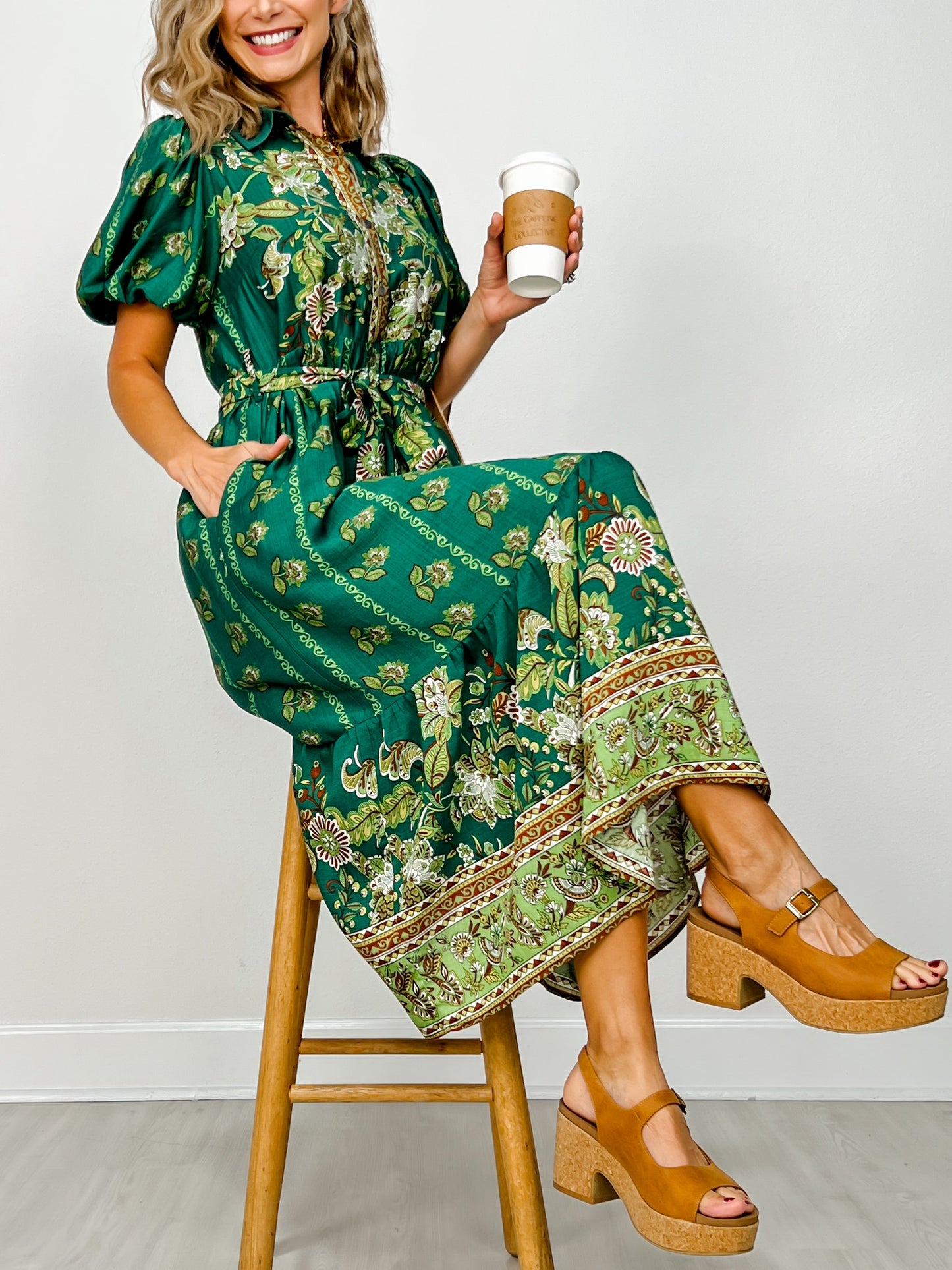 Botanical Print Short Puff Sleeve Midi Dress