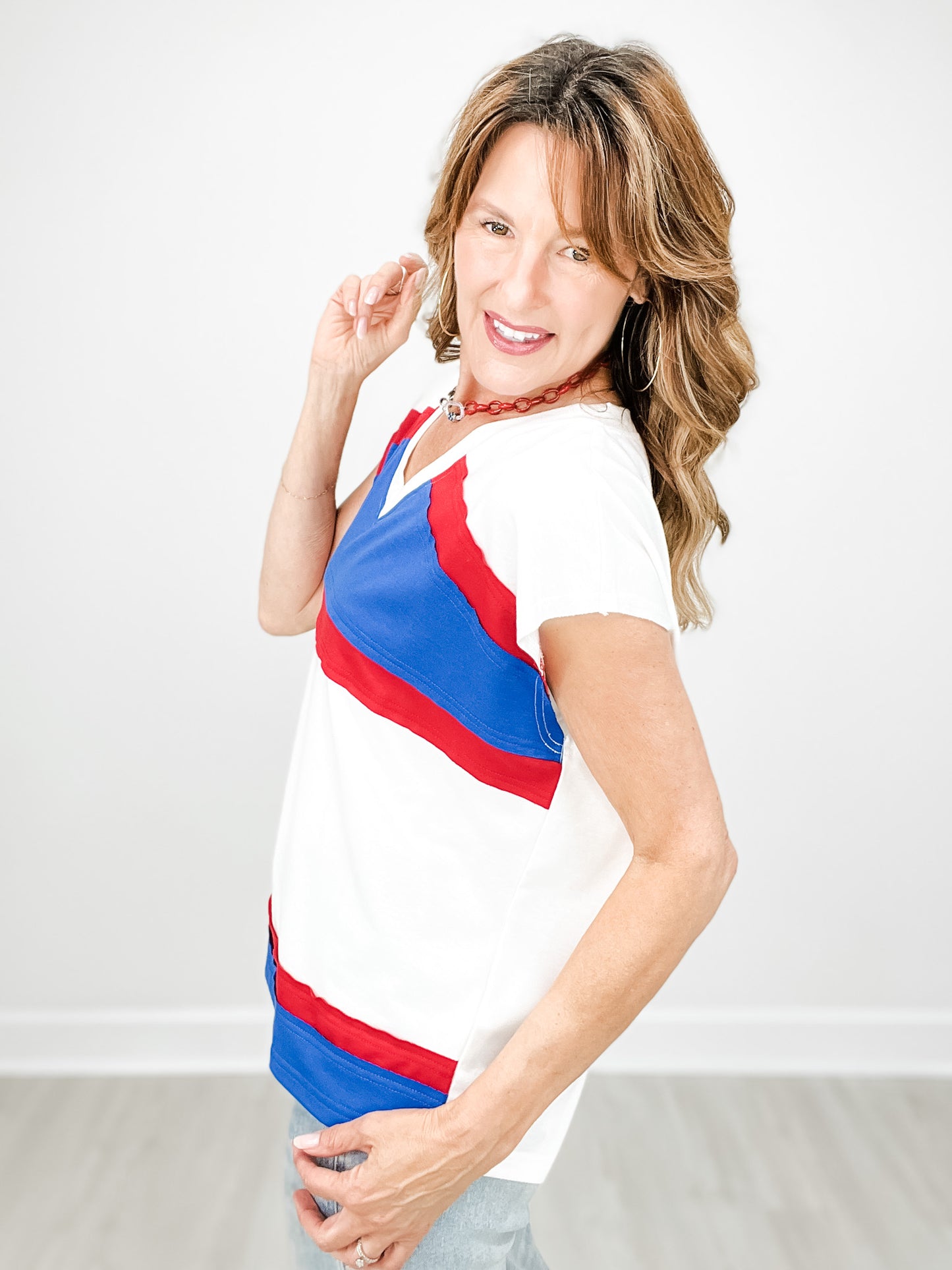 French Terry Color Block Cut Edge Detail Short Sleeve V-Neck Top