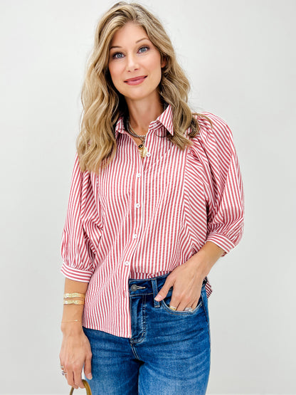 Striped Puff Sleeve Button Down Blouse