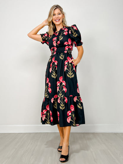 Floral Print Puff Short Sleeve Midi Dress