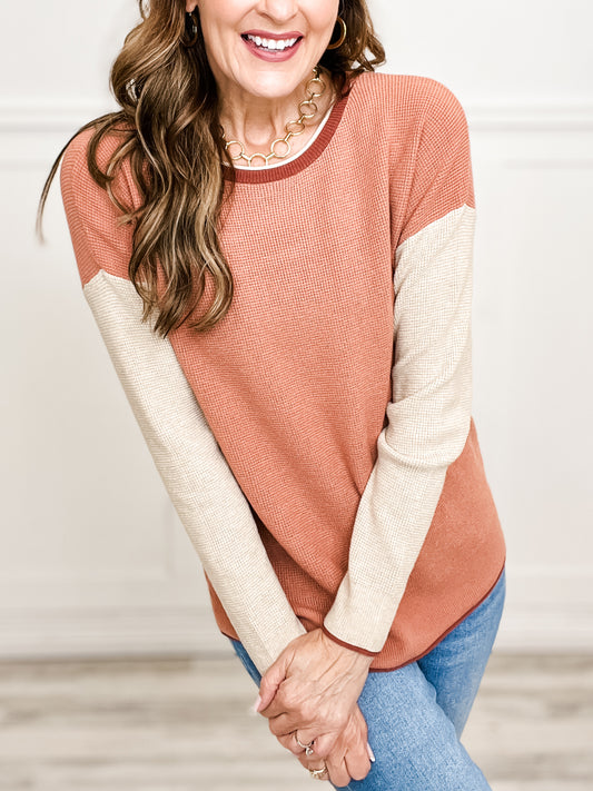 Mini Waffle Color Block Pullover Sweater