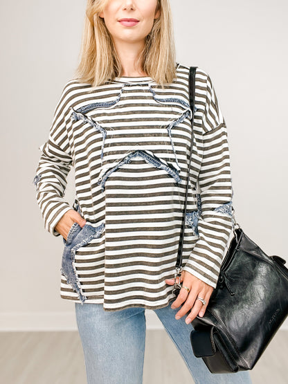 Star Patch Work Striped Top with Side Pockets