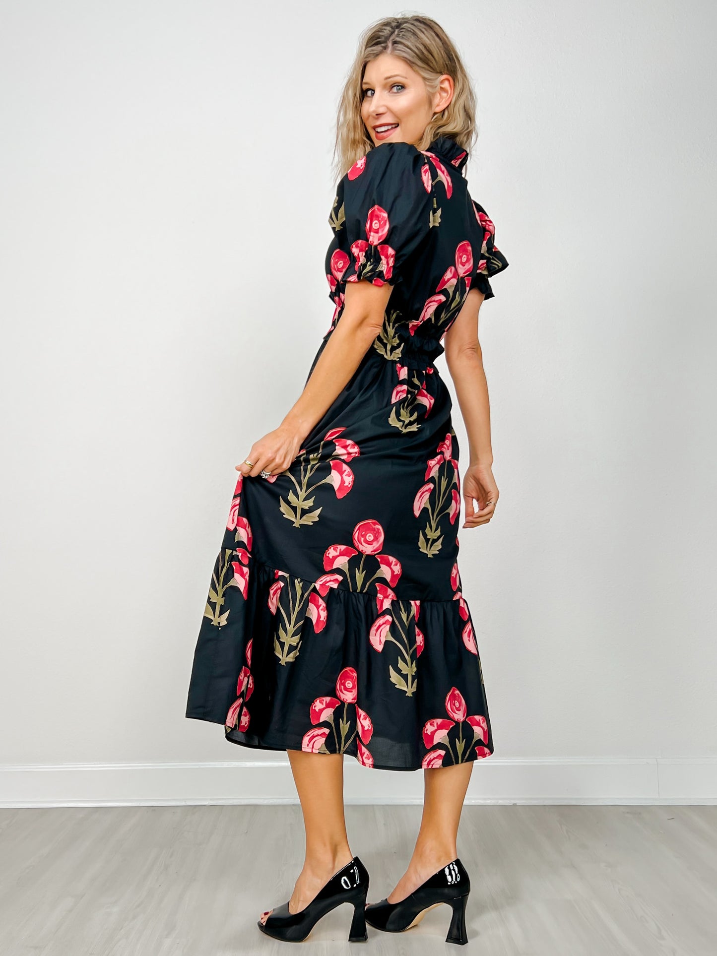 Floral Print Puff Short Sleeve Midi Dress