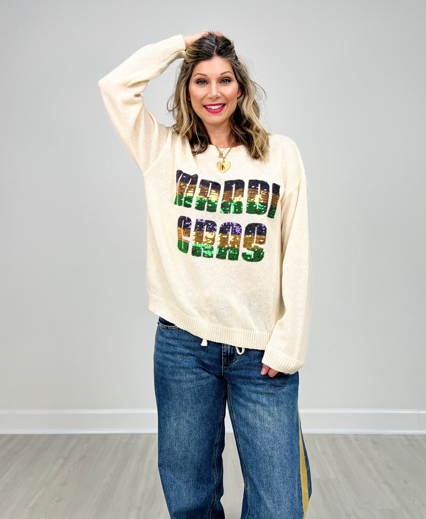 Mardi Gras Sequin Letter Knit Top