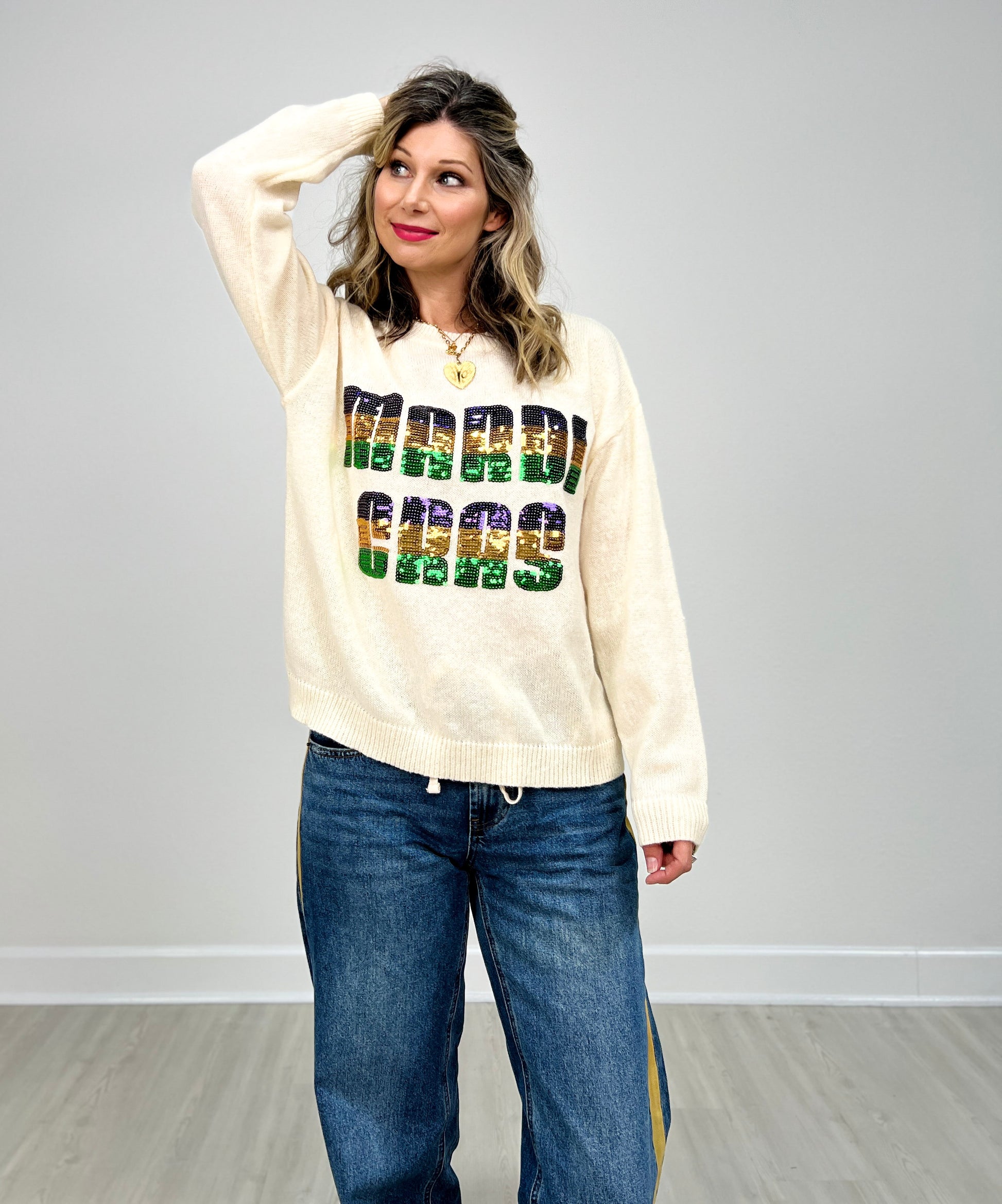 Mardi Gras Sequin Letter Knit Top