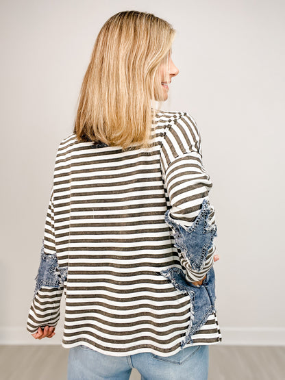 Star Patch Work Striped Top with Side Pockets