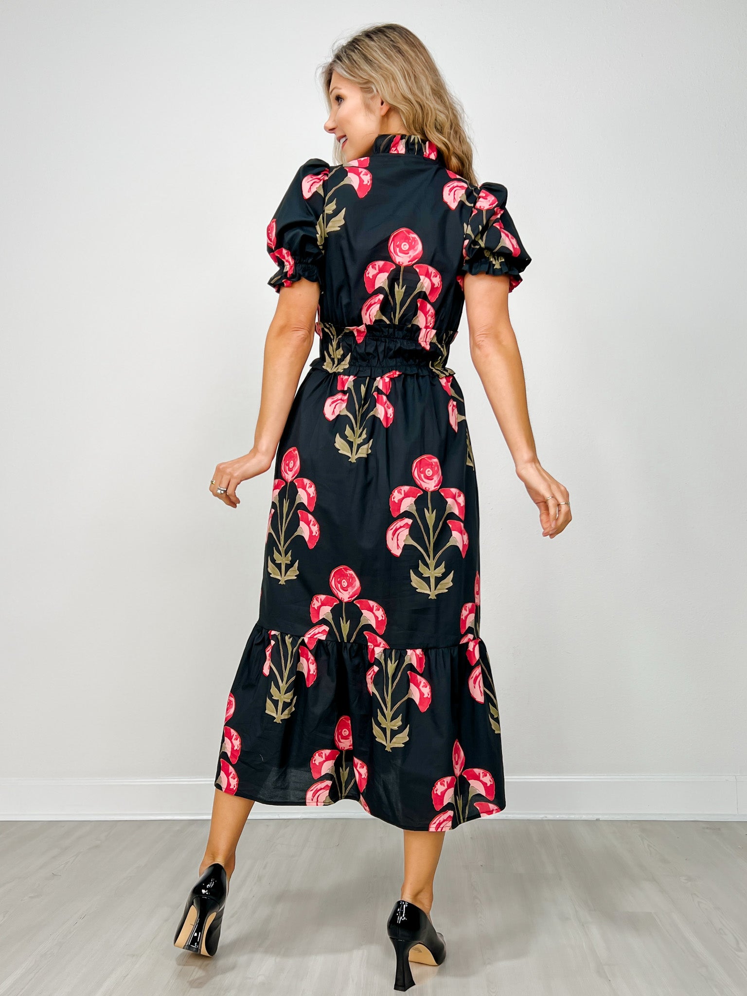 Floral Print Puff Short Sleeve Midi Dress