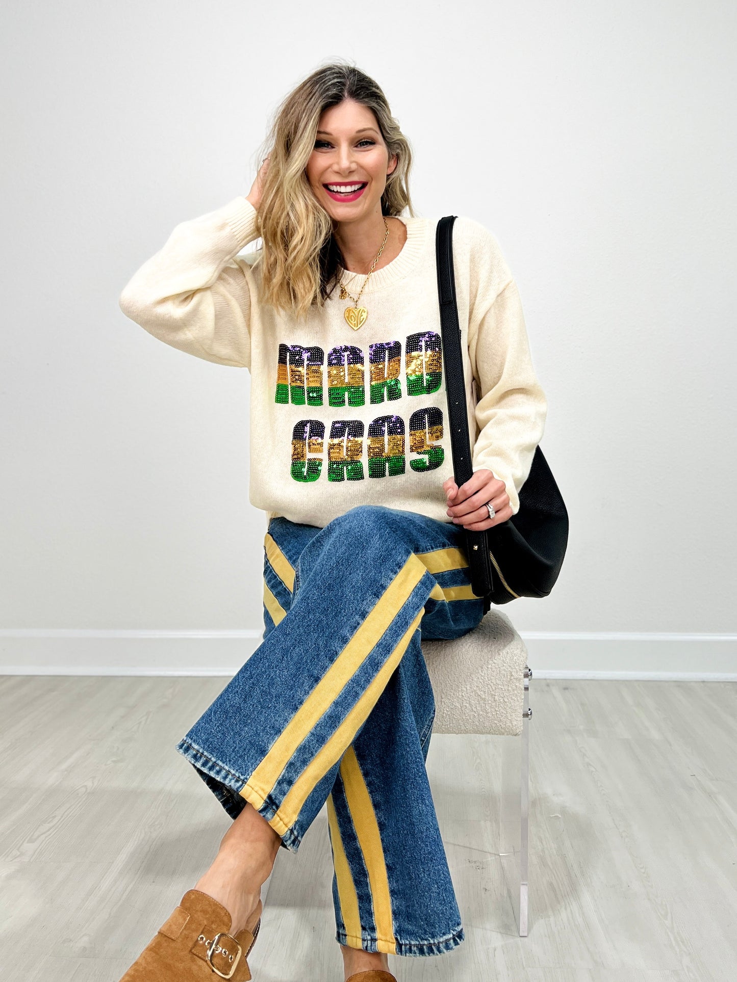 Mardi Gras Sequin Letter Knit Top