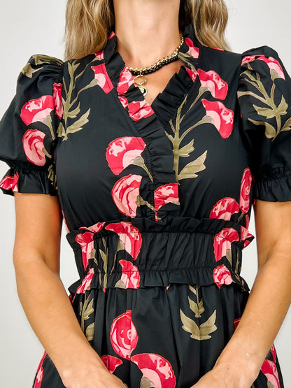 Floral Print Puff Short Sleeve Midi Dress