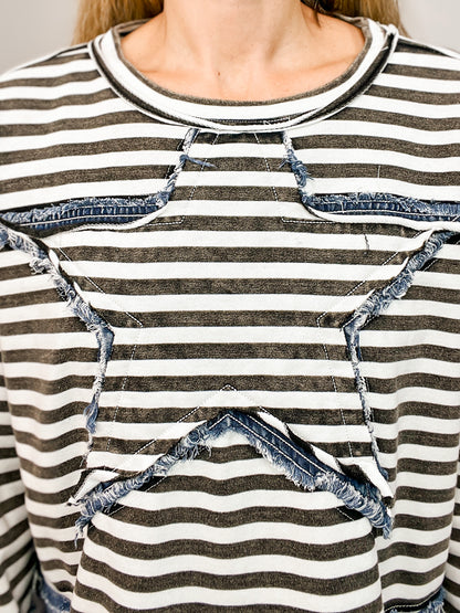 Star Patch Work Striped Top with Side Pockets