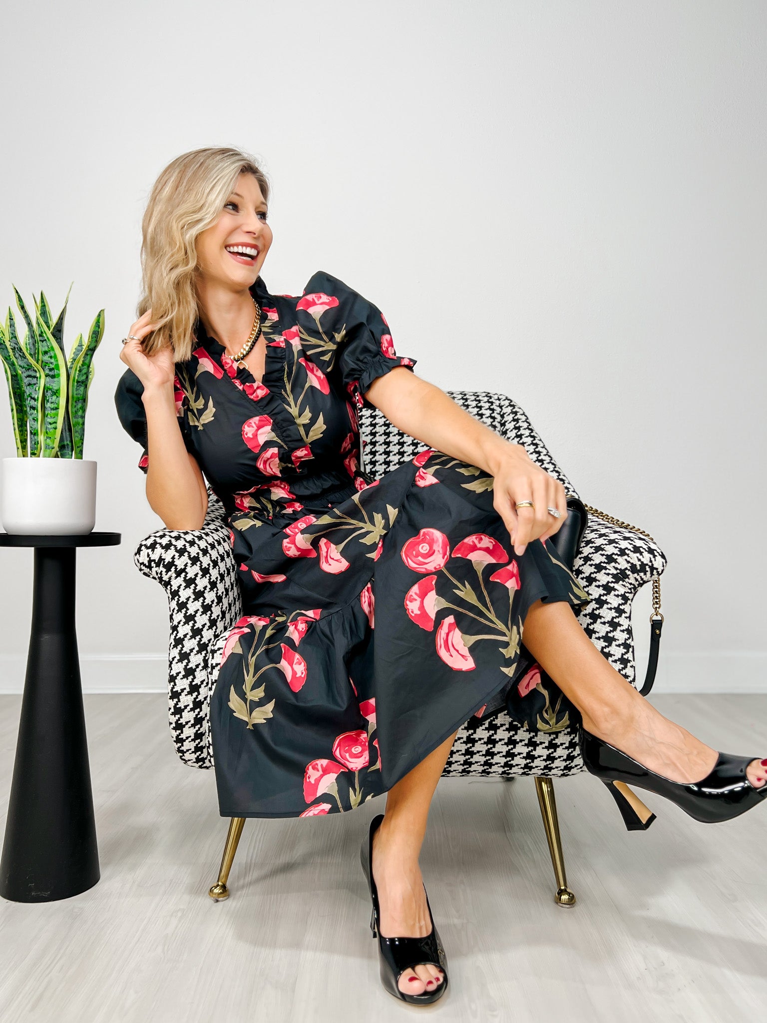 Floral Print Puff Short Sleeve Midi Dress