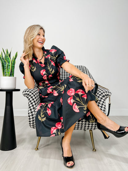 Floral Print Puff Short Sleeve Midi Dress
