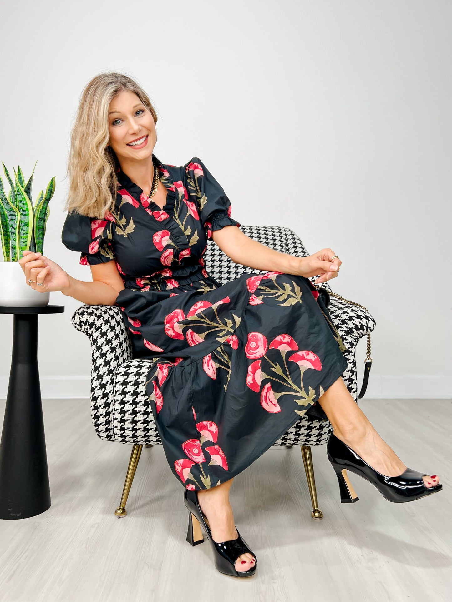Floral Print Puff Short Sleeve Midi Dress