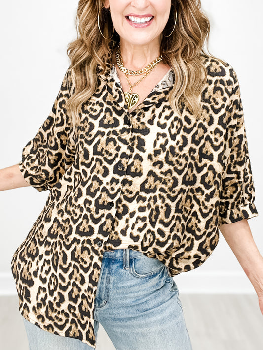 Leopard Print Oversized Button-Down Short Sleeve Collared Top