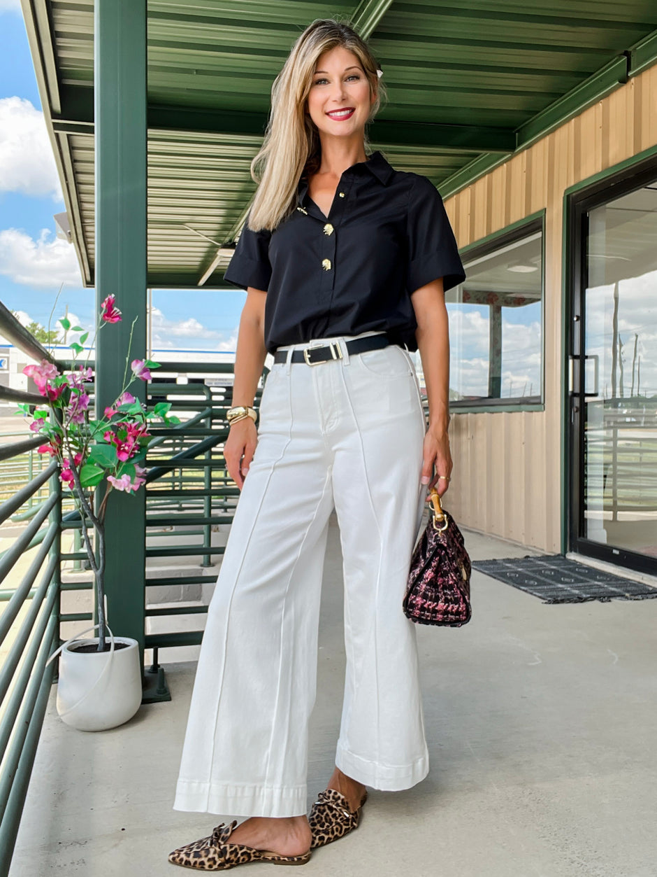 Stretch High Rise Pin Tuck Detail Wide Leg Jean