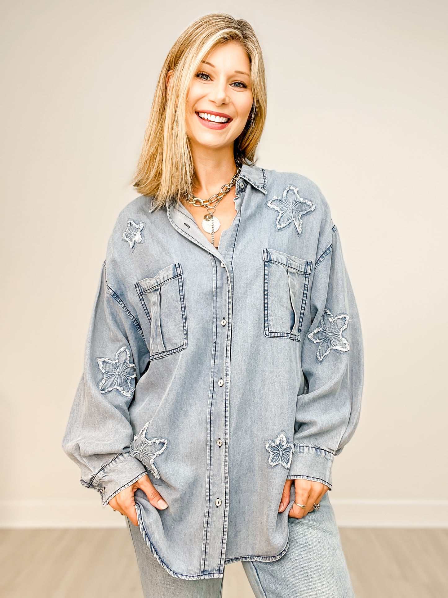 Star Patched Washed Denim Button Down Top