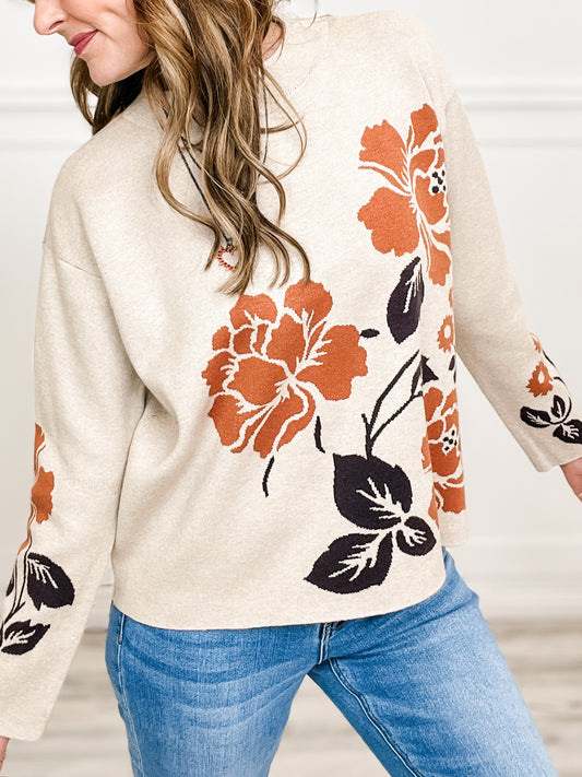 Flower Jacquard Mock Neck Pullover Sweater