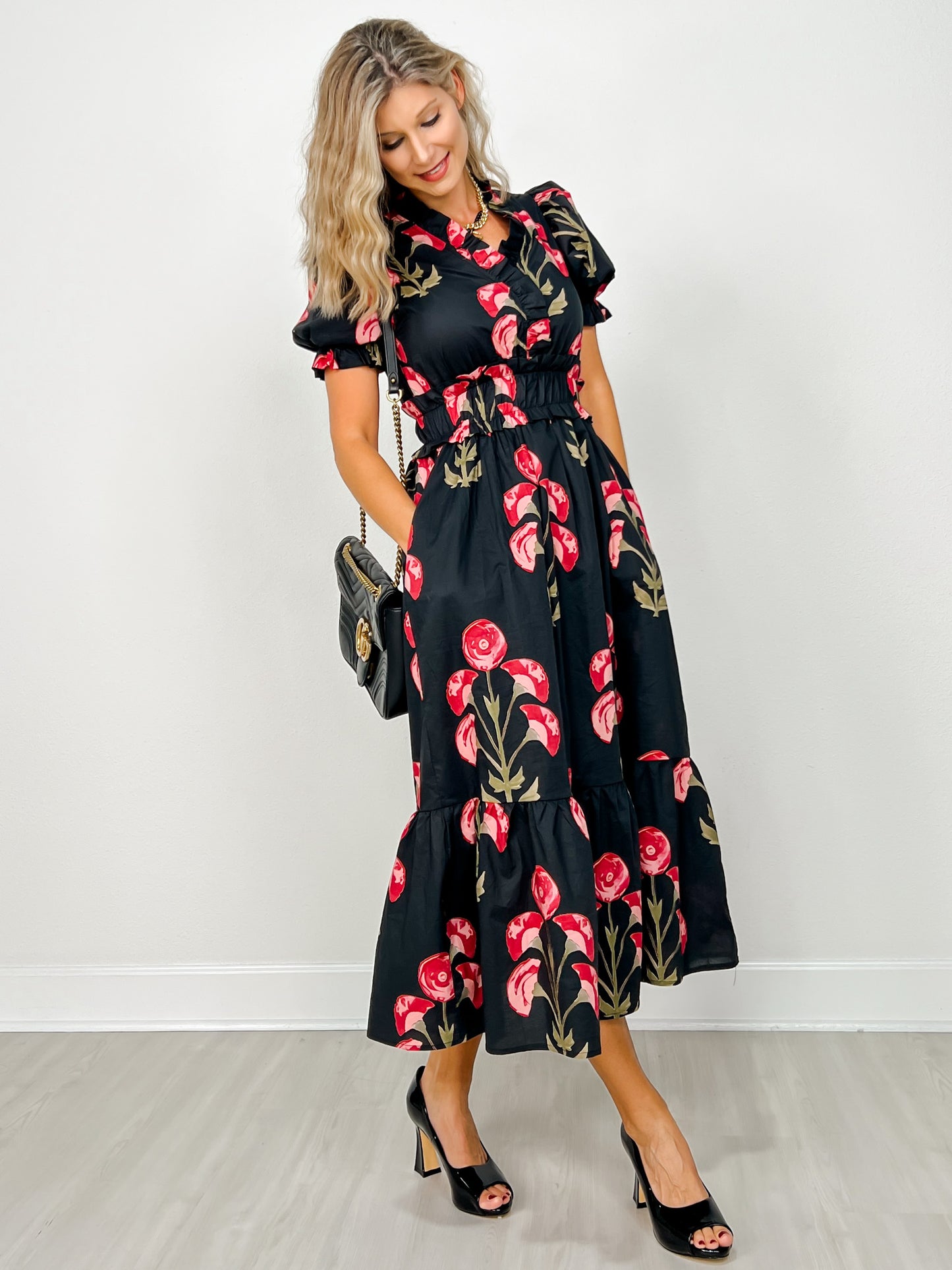 Floral Print Puff Short Sleeve Midi Dress