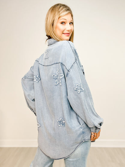 Star Patched Washed Denim Button Down Top