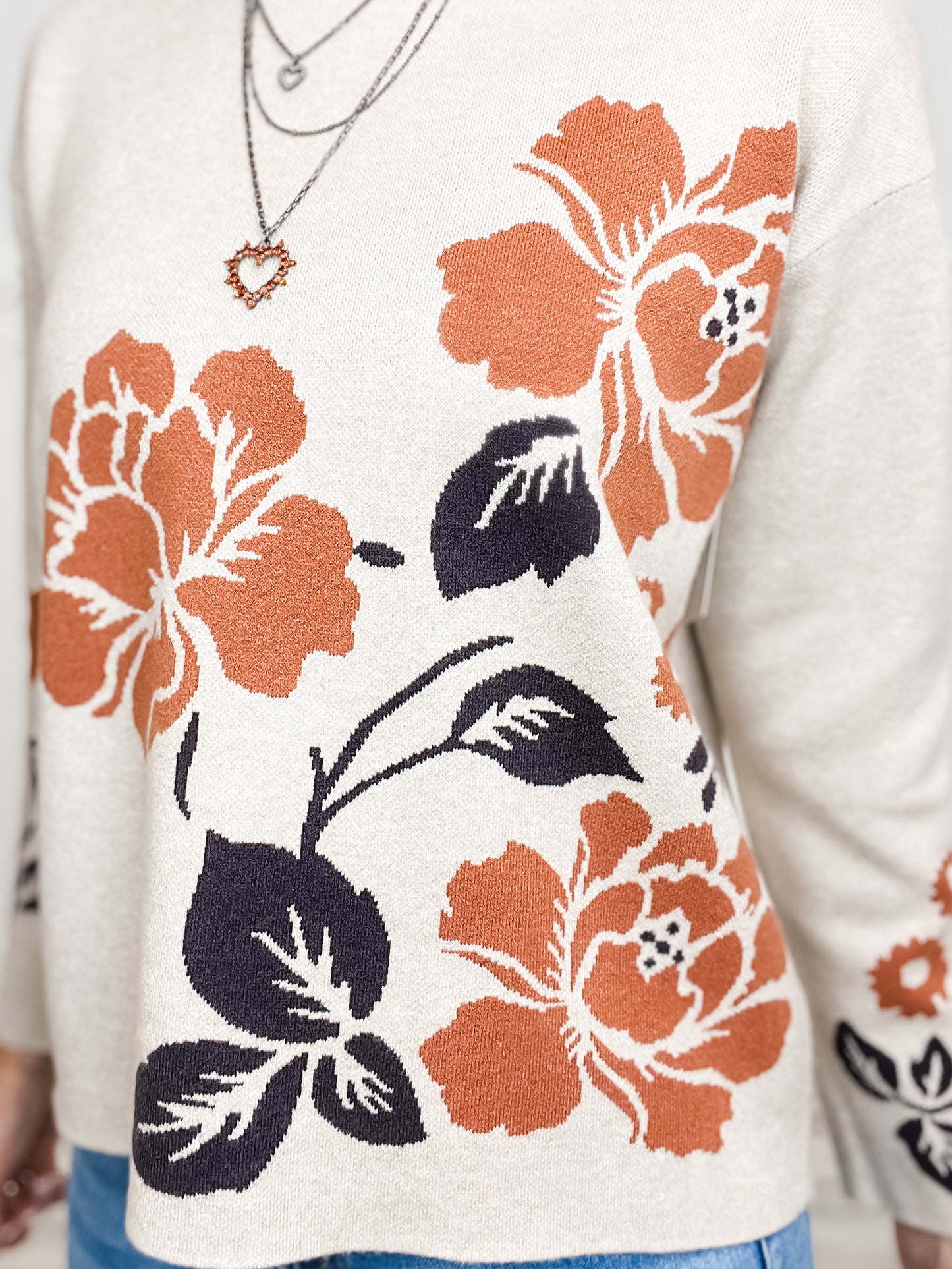 Flower Jacquard Mock Neck Pullover Sweater