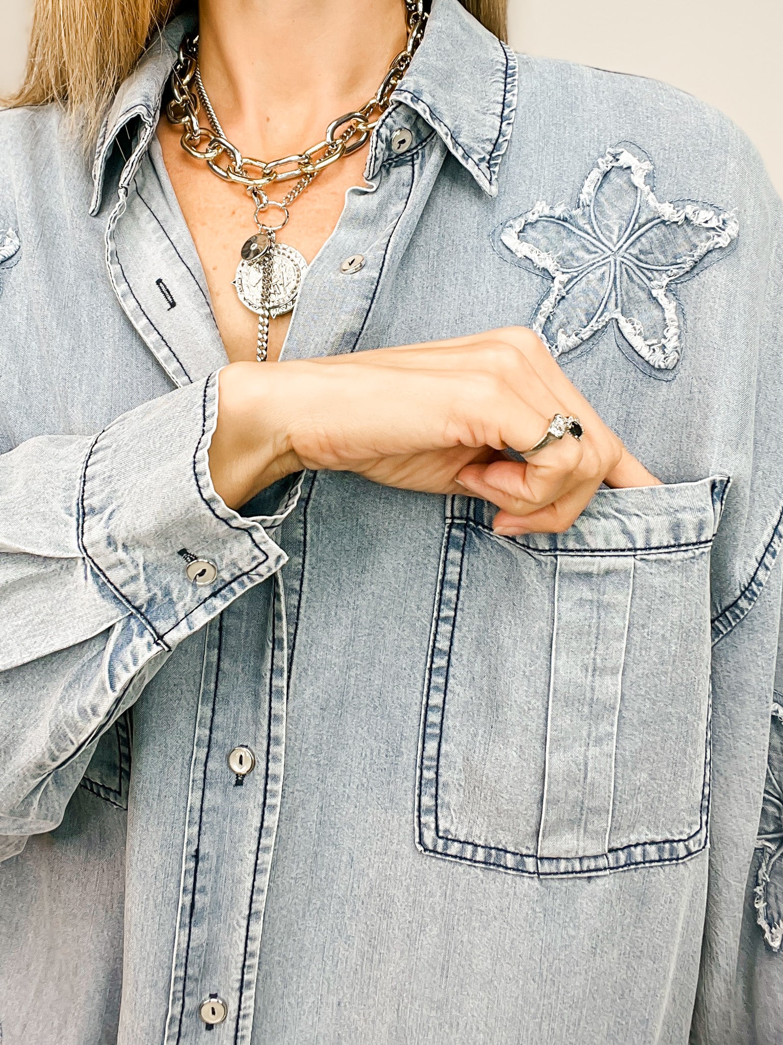 Star Patched Washed Denim Button Down Top