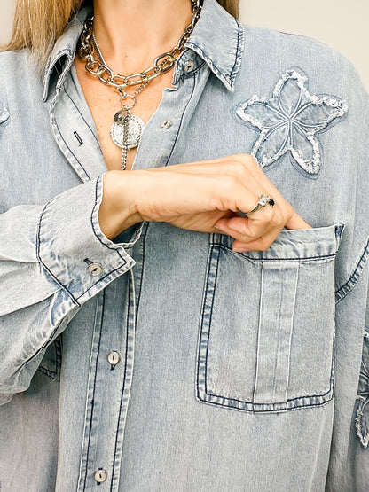 Star Patched Washed Denim Button Down Top