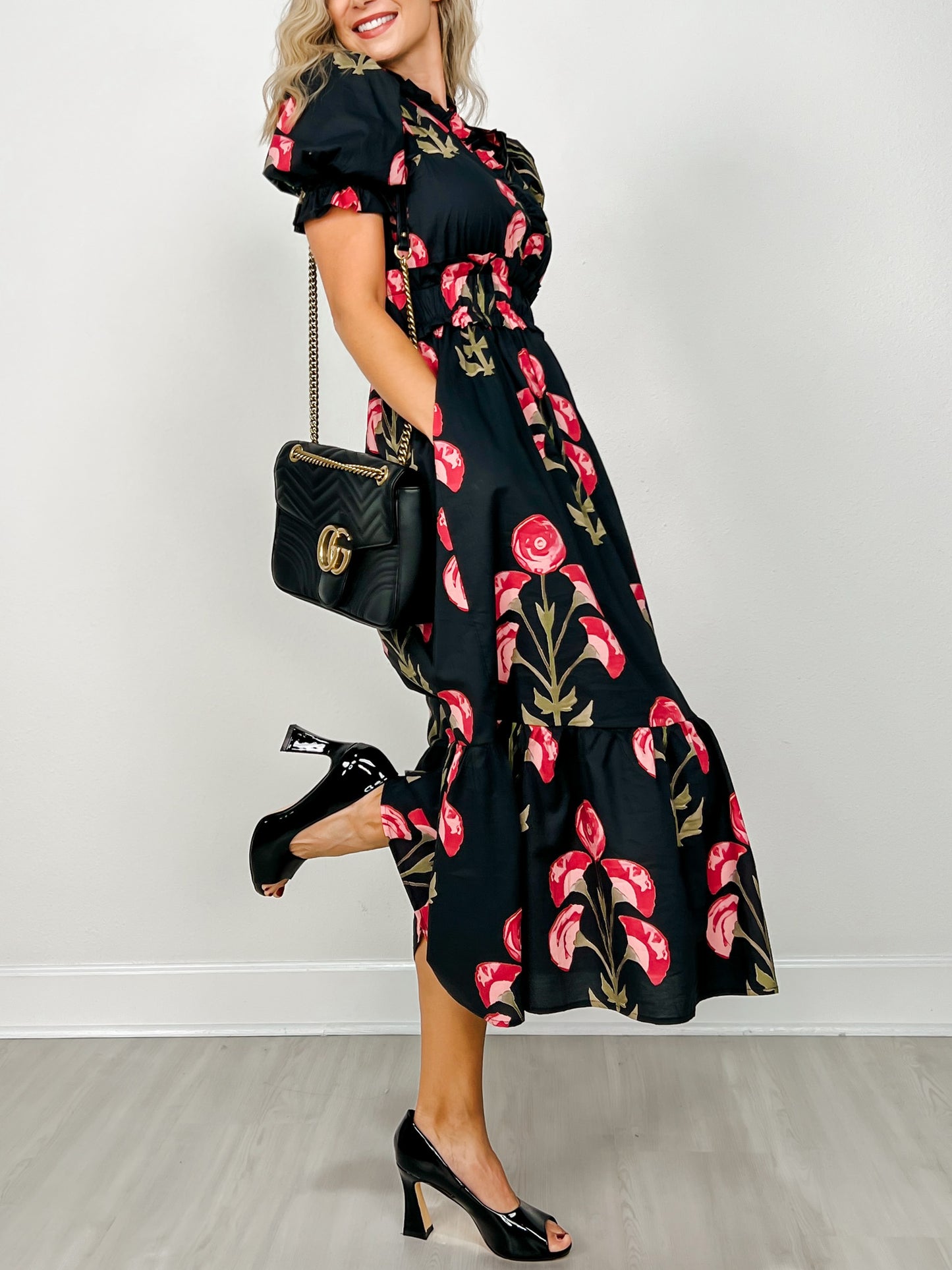 Floral Print Puff Short Sleeve Midi Dress