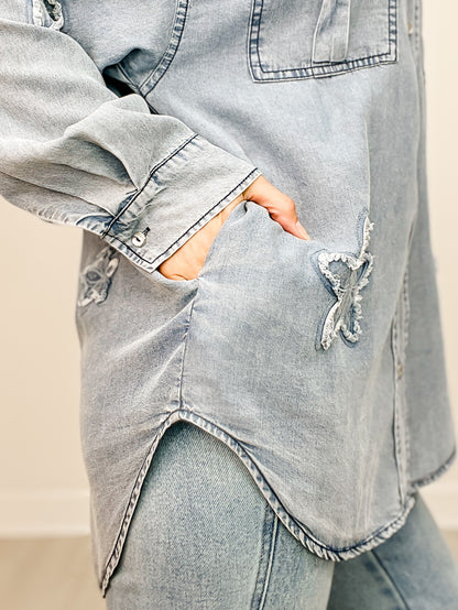 Star Patched Washed Denim Button Down Top