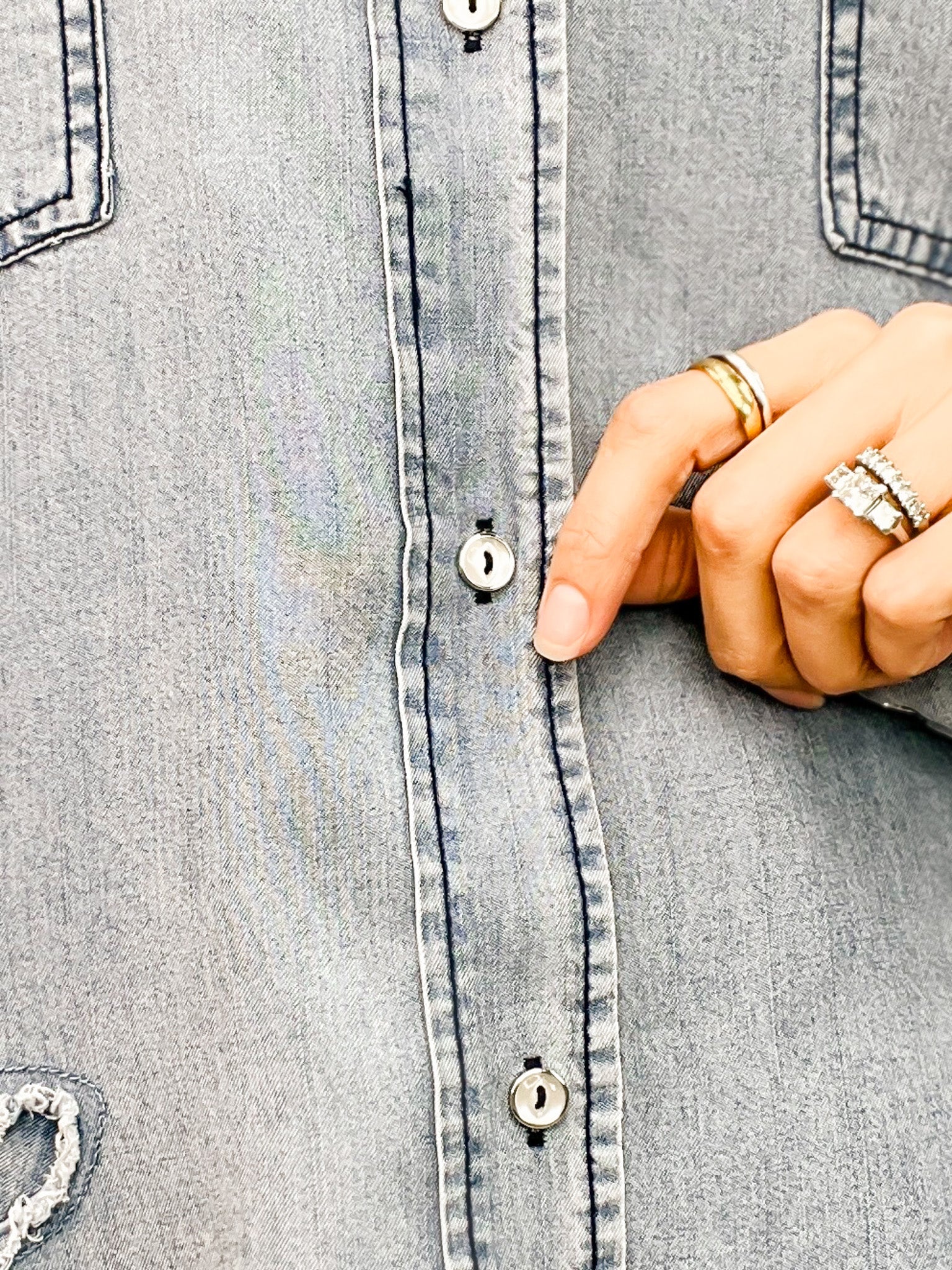 Star Patched Washed Denim Button Down Top