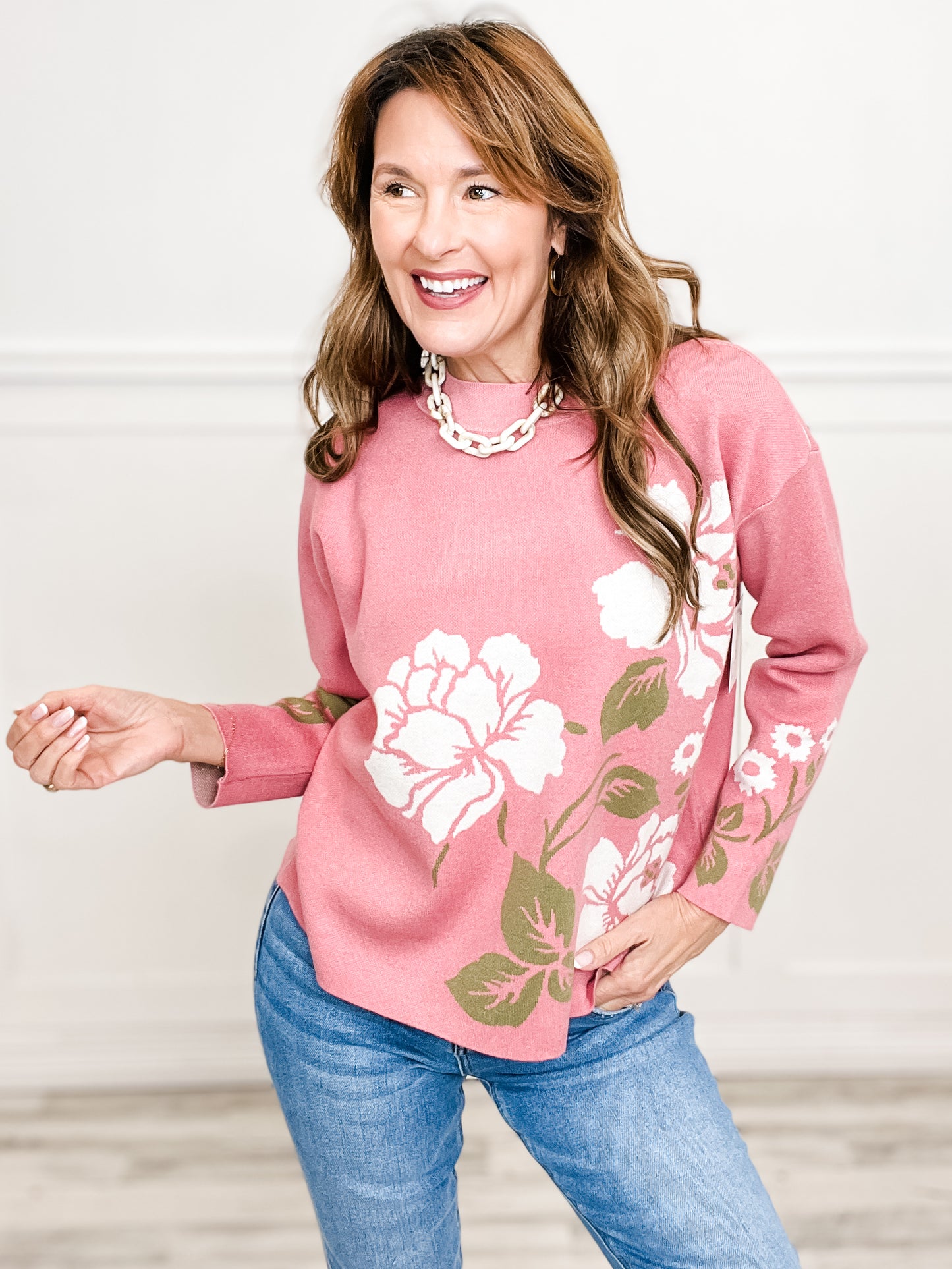 Flower Jacquard Mock Neck Pullover Sweater