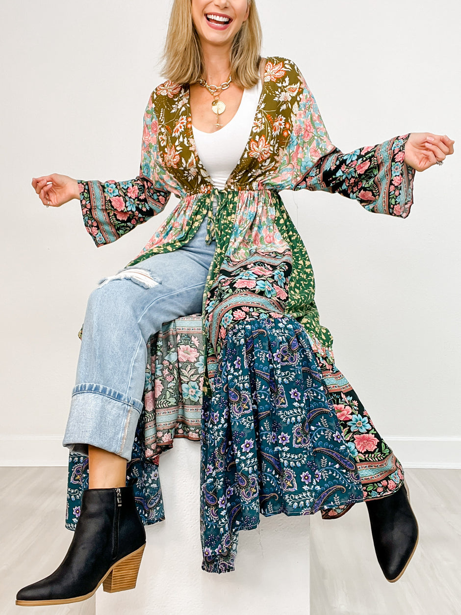 V-Neck Multi Print Long Sleeve Maxi Dress