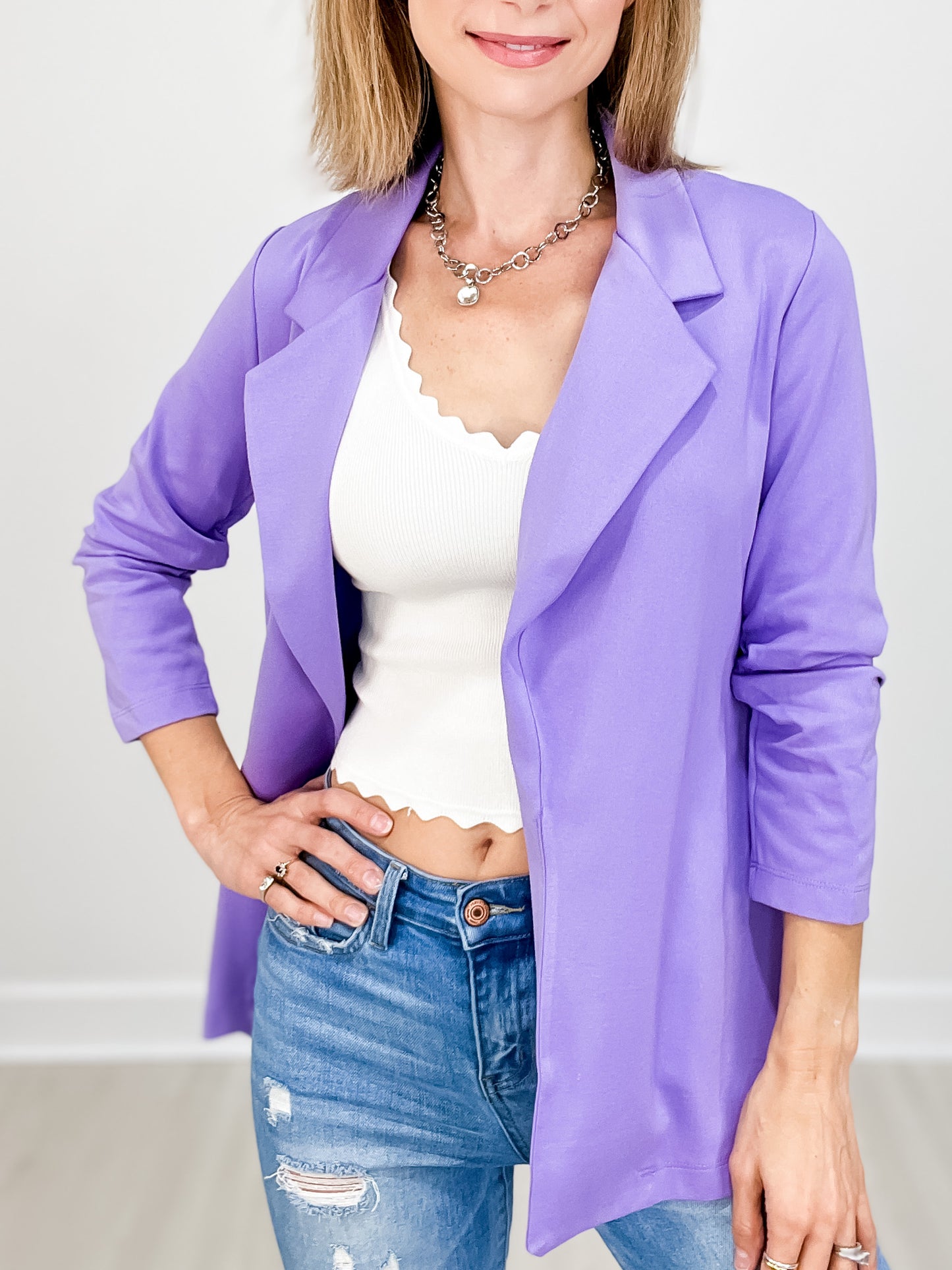 Magic 3/4 Length Ruching Sleeve Blazer in VIOLET