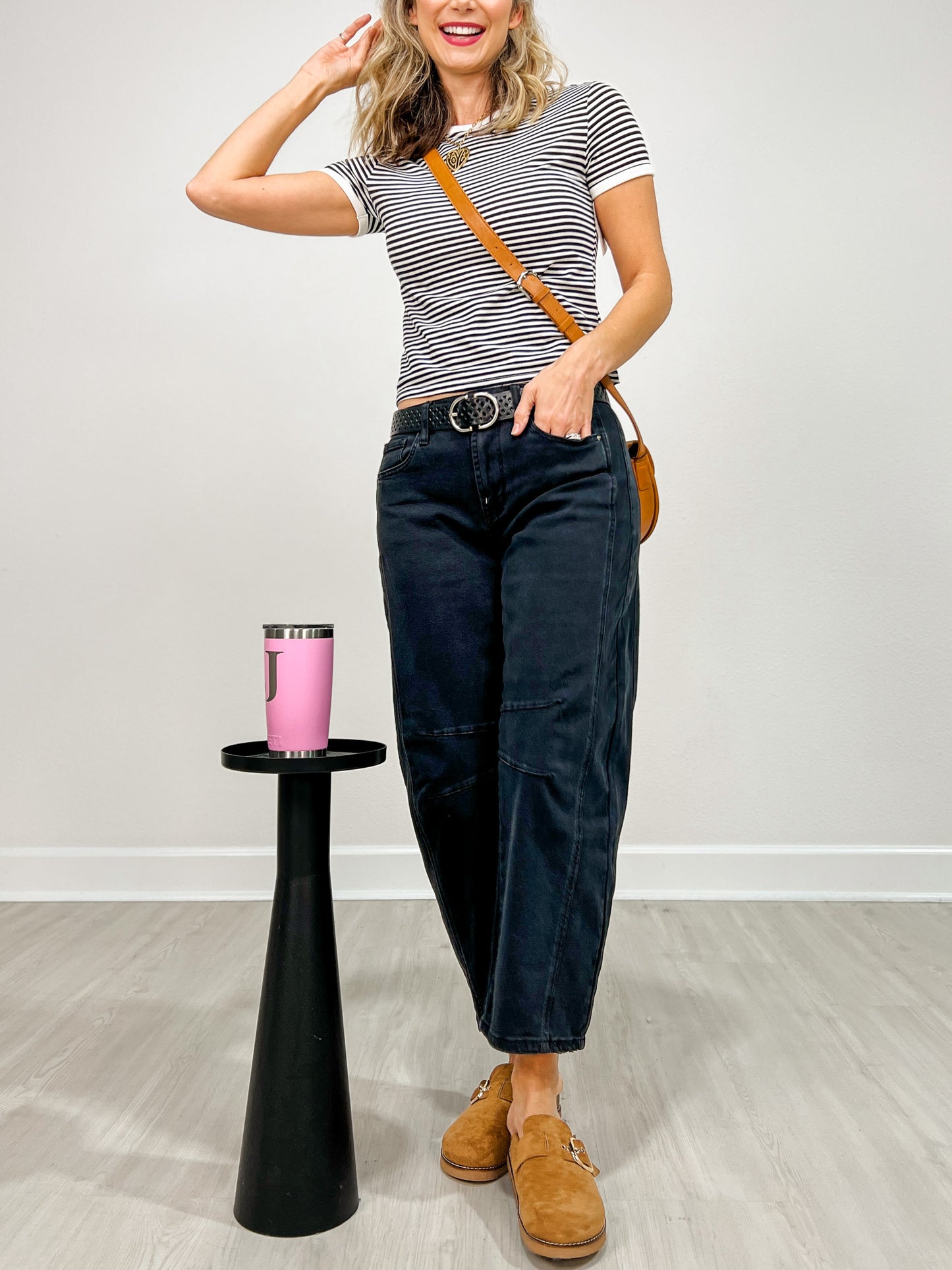 Black High Rise Barrel Denim Pants