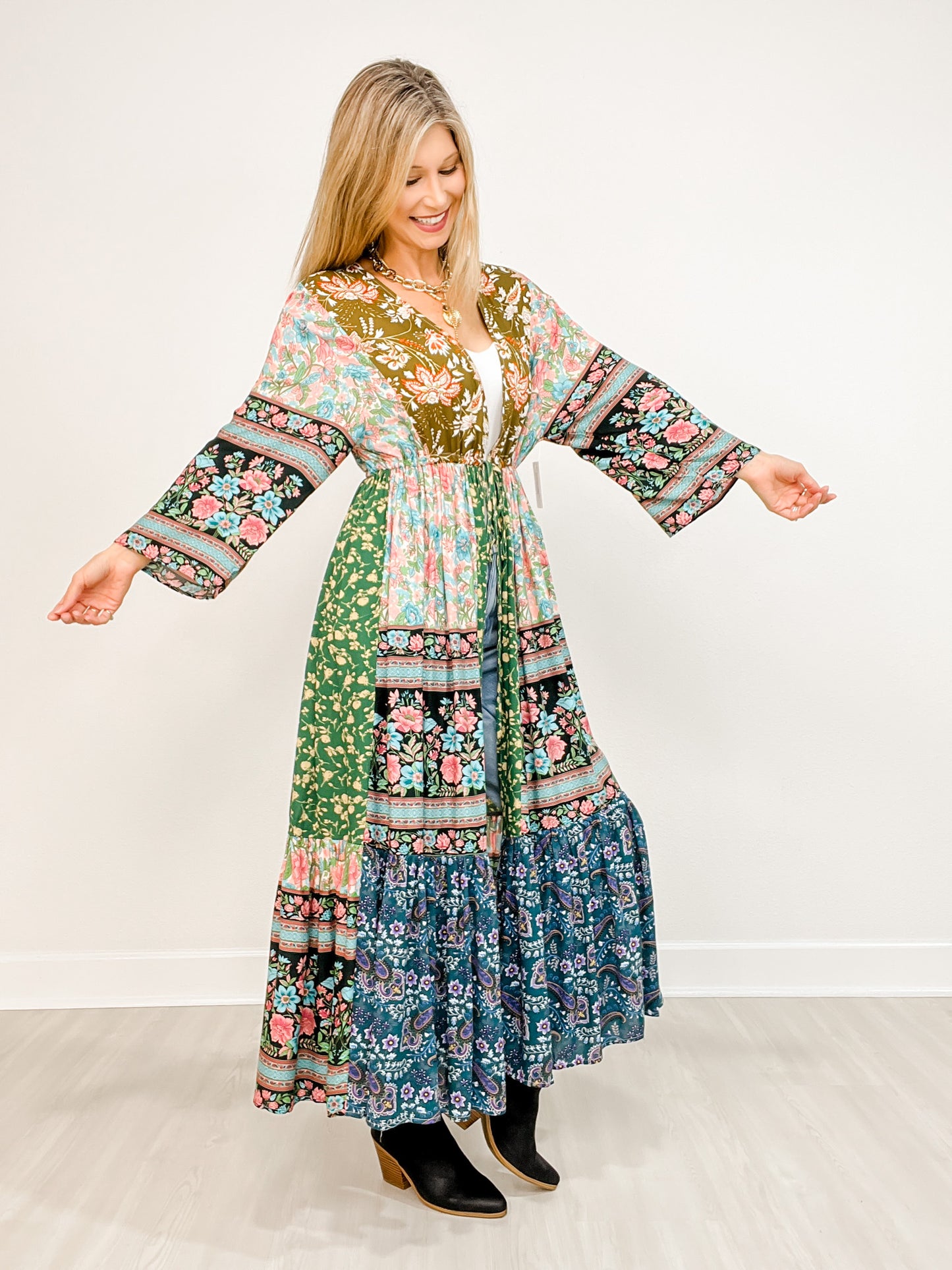 V-Neck Multi Print Long Sleeve Maxi Dress
