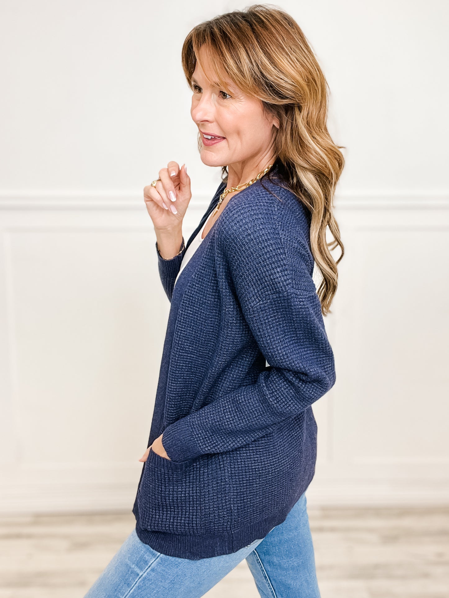 Waffle Textured Open Front Cardigan Sweater with Pockets