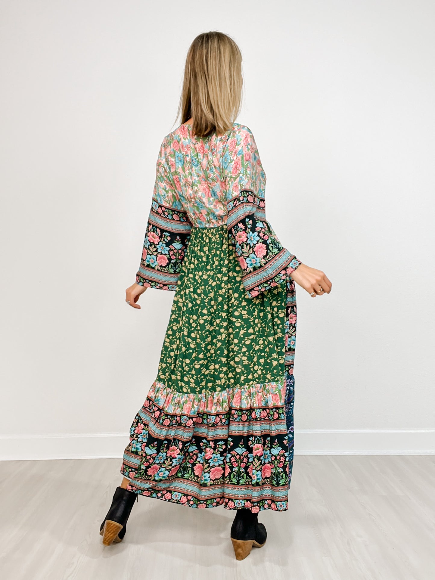 V-Neck Multi Print Long Sleeve Maxi Dress