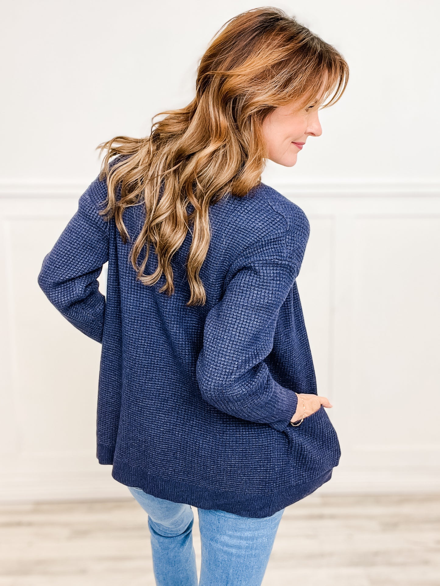 Waffle Textured Open Front Cardigan Sweater with Pockets