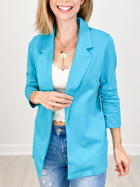 Magic 3/4 Length Ruching Sleeve Blazer in TROPIC TEAL