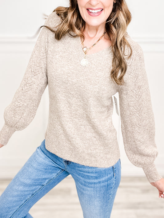 V-Neck Pointelle Balloon Sleeves Pullover Sweater